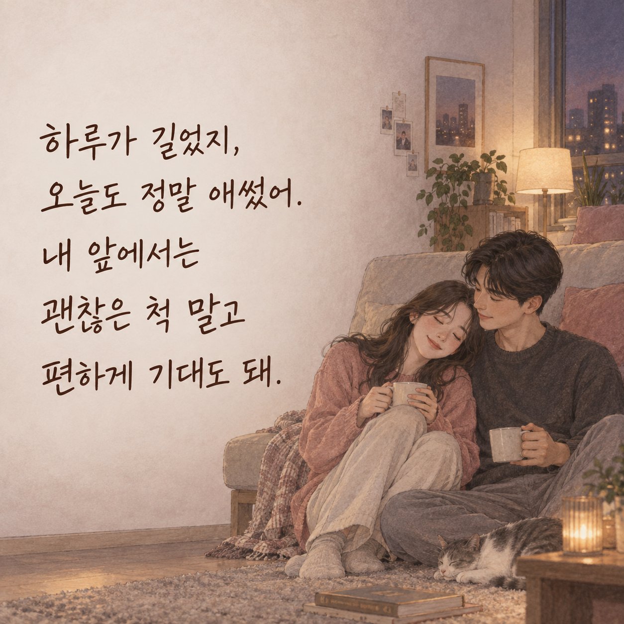 연인에게 보내는 저녁 인사 이미지 24 — 하루가 길었지, 오늘도 정말 애썼어. 내 앞에서는 괜찮은 척 말고 편하게 기대도 돼.
