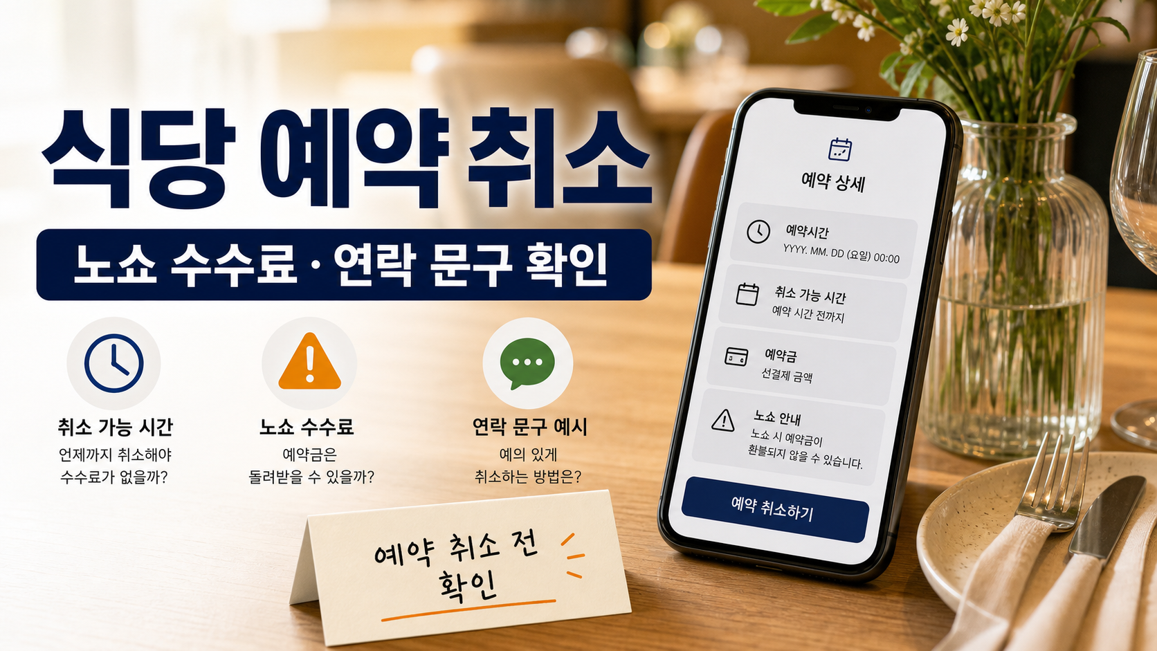 식당 예약 취소 전 노쇼 수수료와 연락 문구를 확인하는 대표 이미지