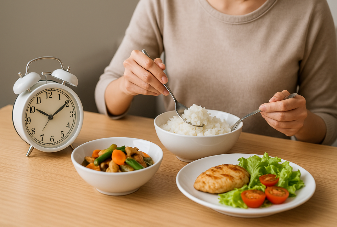 아침식사로 밥과 샐러드, 메인 요리가 준비된 식탁 위에 시계가 함께 놓여 있는 모습