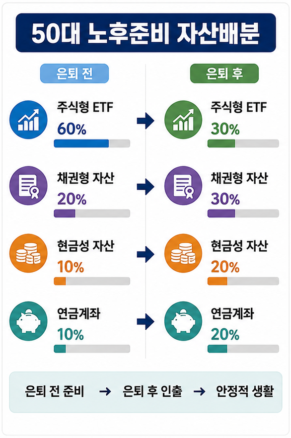 50대 노후준비 자산배분 현금비중 안전자산 구조