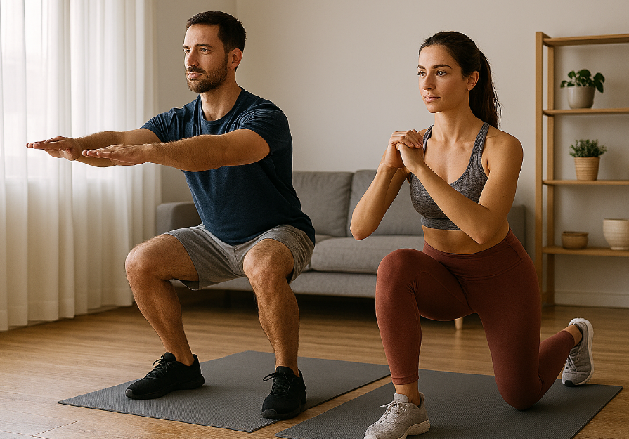 운동 매트를 깔고 거실에서 스쿼트와 런지를 실천하는 남녀의 모습으로, 집에서도 가능한 하체 근력 루틴을 시각적으로 표현했습니다.