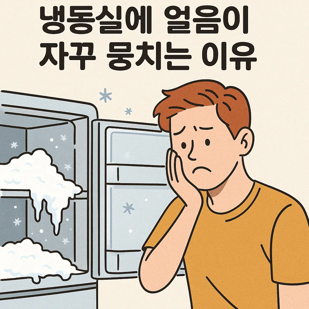 냉동실-속-얼음이-자꾸-뭉쳐있는-모습을-보고-당황한-남성의-일러스트-이미지