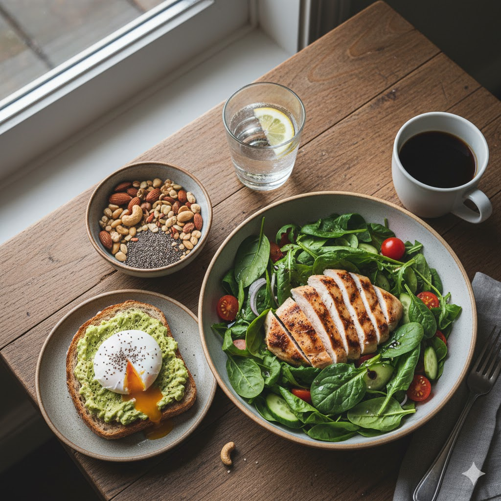 단백질이 풍부한 닭가슴살 샐러드와 견과류가 담긴 정갈한 식탁 사진
