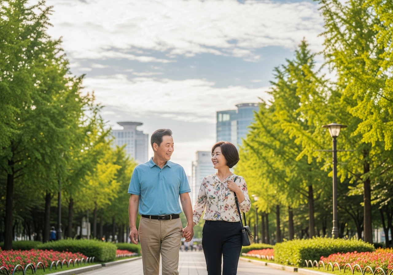 아침 산책하는 50대 부부