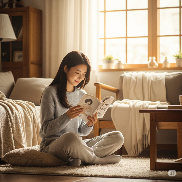 따뜻한 분위기의 집에서 차분하게 휴식하고 있는 한국 청년 여성의 모습