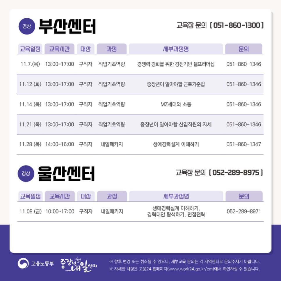 중장년내일센터 11월 교육일정