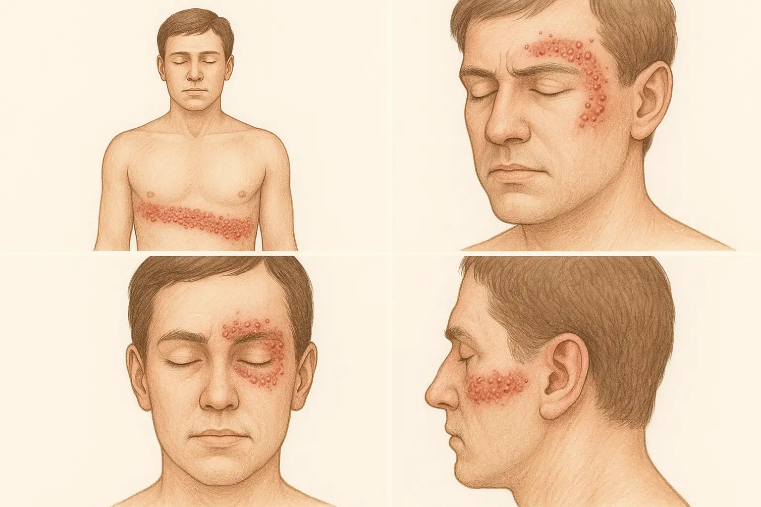 신경 경로를 따라 띠 모양으로 퍼진 수포, 옆구리, 이마, 눈 주변, 귀 주변 등 다양한 부위에 나타나는 사례