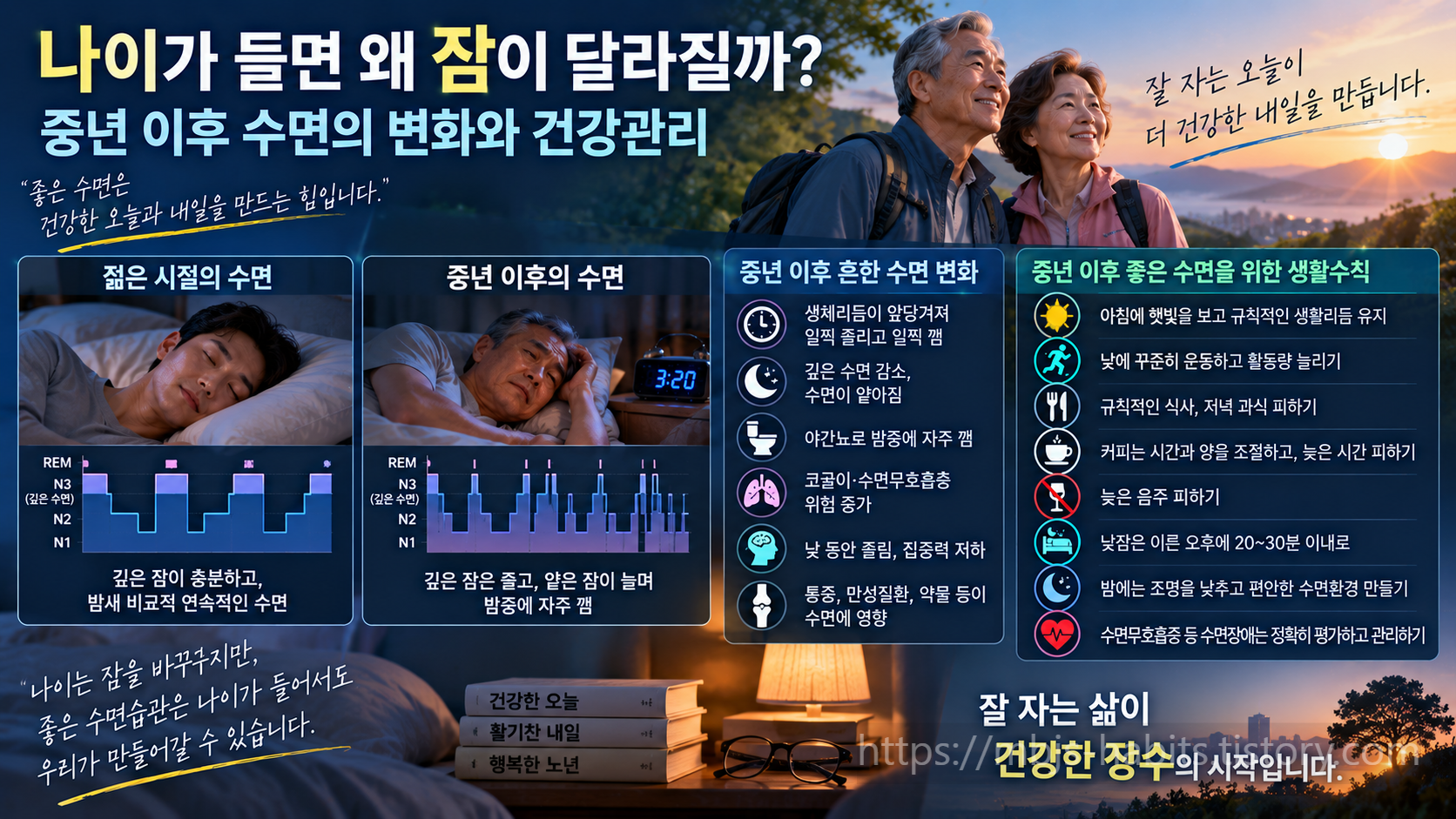 젊은 시절과 중년 이후의 수면 구조 변화를 비교하고, 깊은 수면 감소와 야간 각성&middot;야간뇨&middot;코골이&middot;주간졸림 등 중년 이후의 수면 변화와 건강한 수면습관을 보여주는 이미지