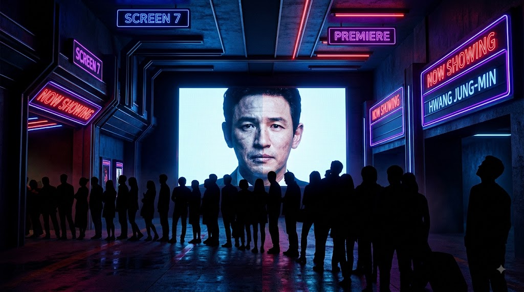 어두운 영화관 로비에서 대형 스크린 앞에 줄 선 관객들의 실루엣