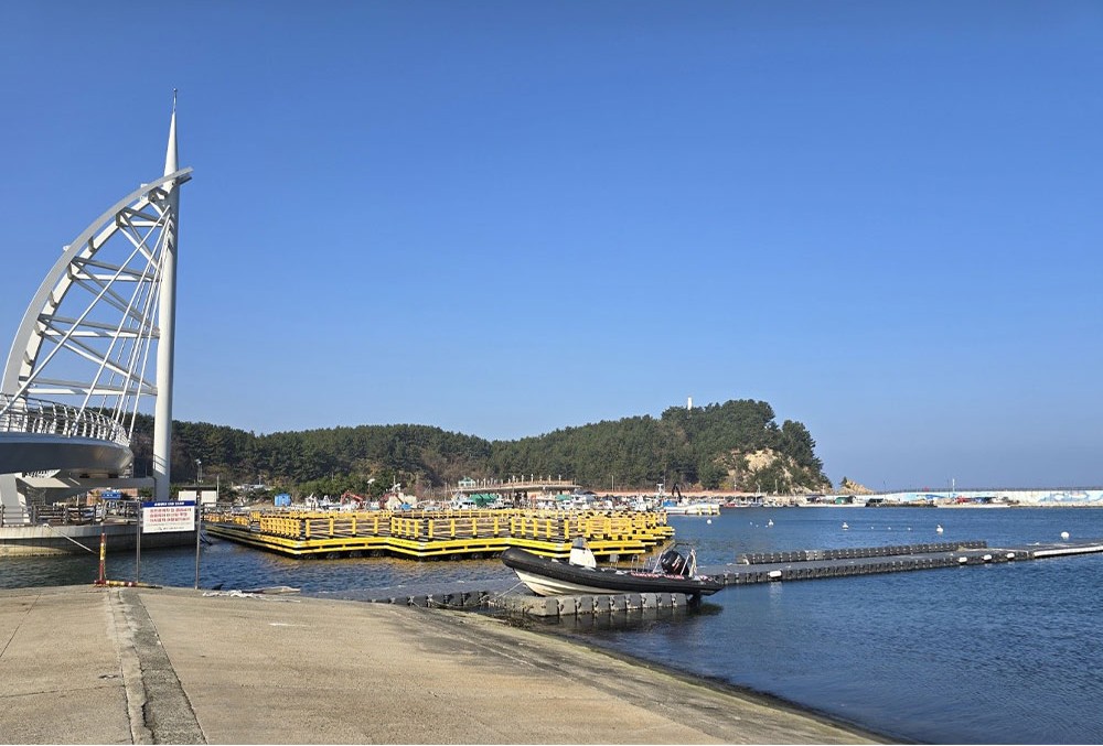 잔잔한 물결과 구조물이 어우러진 수산항 전체 풍경