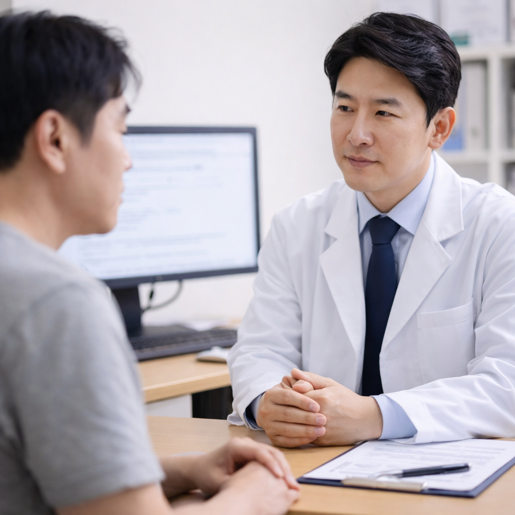 통풍 의심 증상으로 병원에서 상담을 받는 모습을 표현한 이미지