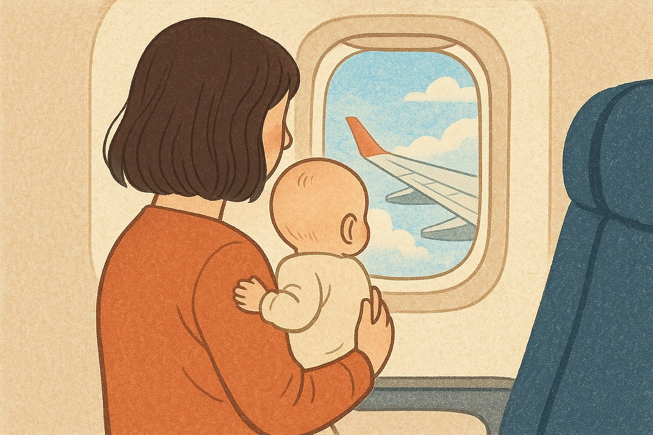 호치민행 비행기 안에서 아기 를 안고 창문 밖을 보는 모습