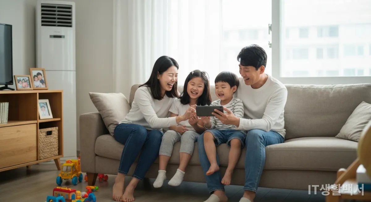 거실 소파에 앉아 스마트폰을 함께 보며 웃는 한국인 가족의 모습