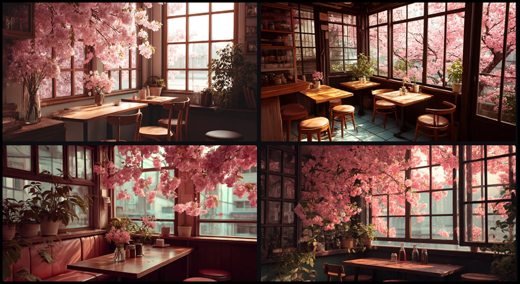 프롬프트 시리즈_봄, 벚꽃이 흩날리는 카페_Midjourney