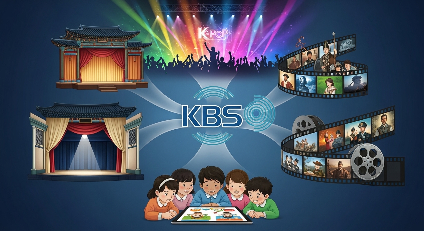 KBS 로고를 중심으로 대하드라마, K-POP, 어린이 콘텐츠 등 공공성 강화 사업이 펼쳐지는 모습을 표현한 이미지.
