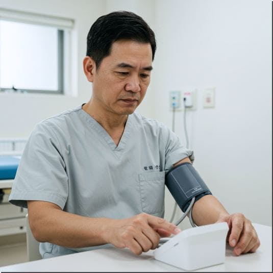 니프젠 스파이크 프리미엄 효능 콜레스테롤 개선 효과, 혈압 체크하는 중년 남성