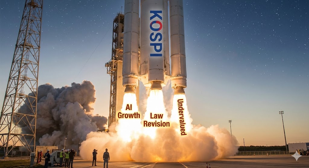 로켓(한국 증시)을 발사하기 위해 3개의 엔진(AI 성장, 상법 개정, 저평가 해소)이 동시에 점화되는 인포그래픽