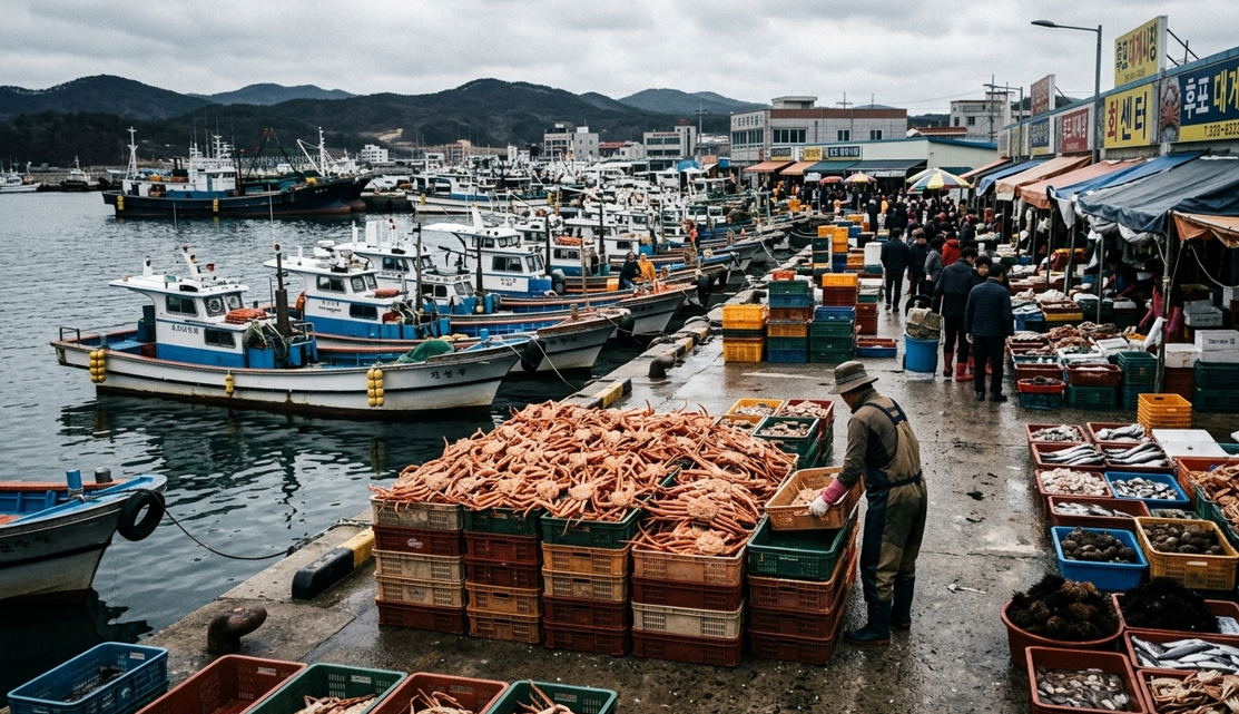 울진 후포항 어판장에 쌓인 대게와 해산물 가득한 시장 풍경
