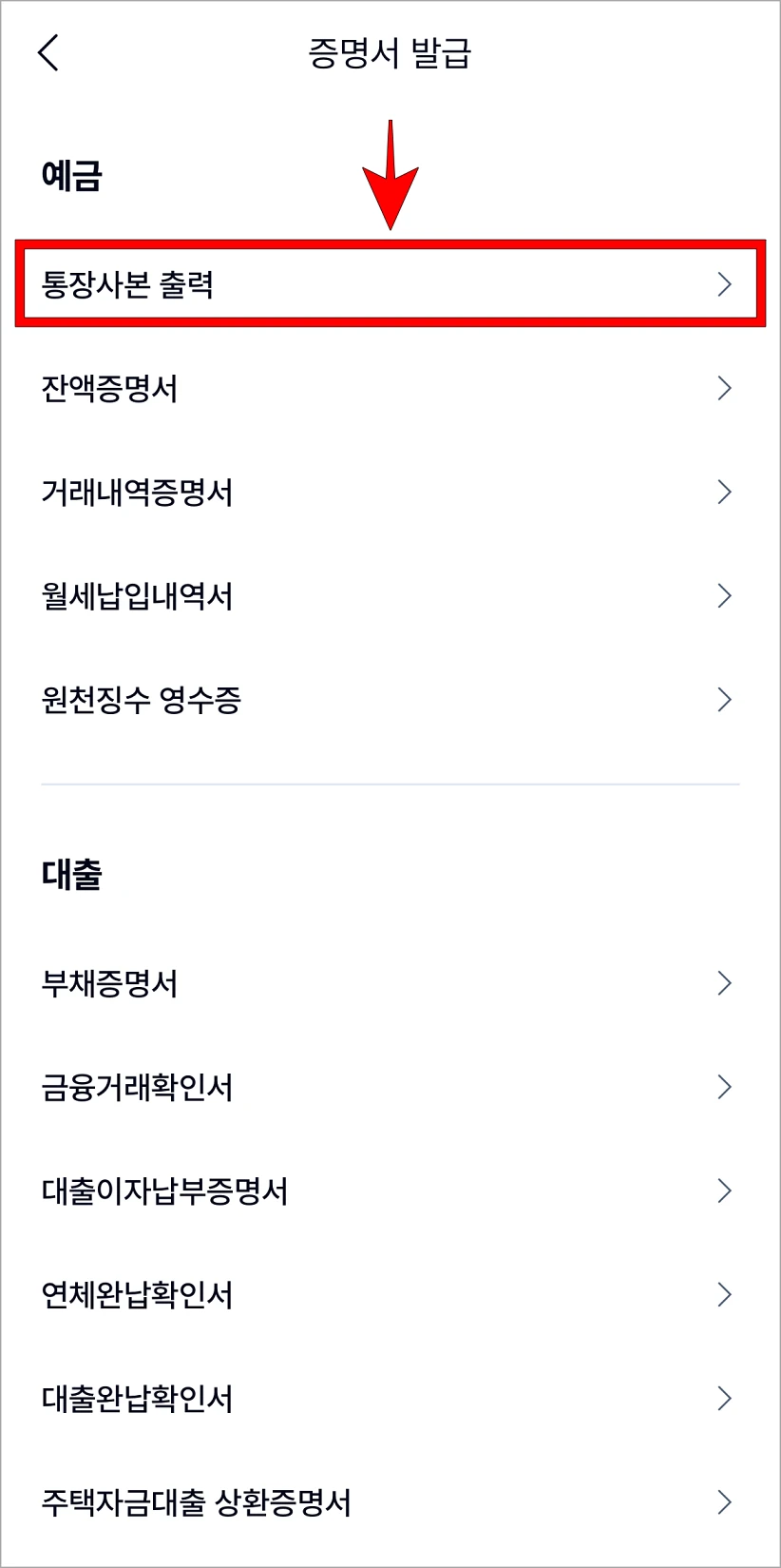 증명서 발급 메뉴에서 '통장사본 출력'을 선택