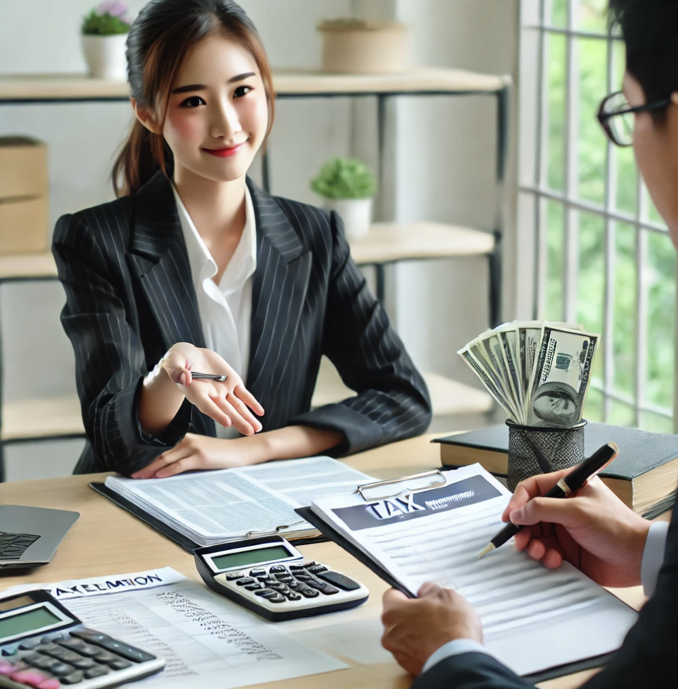  세무 전문가가 고객에게 세금 면제 규정을 설명하는 장면 