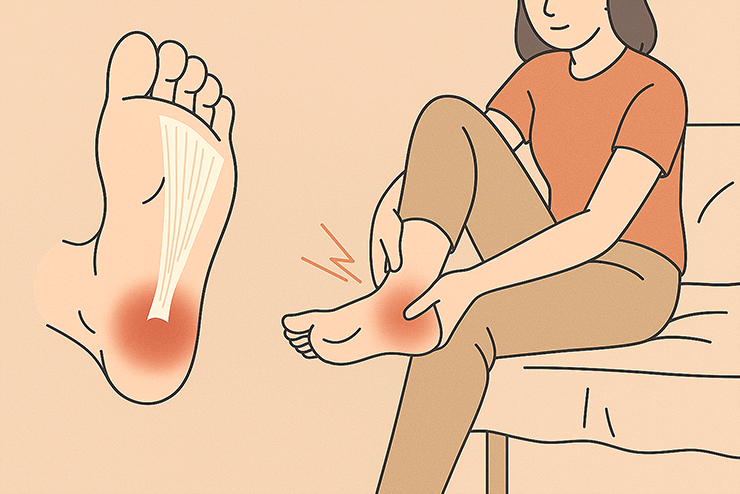 발끝에 통증이 붉게 불들어있고, 여성이 발을 잡고 있는 이미지 입니다.