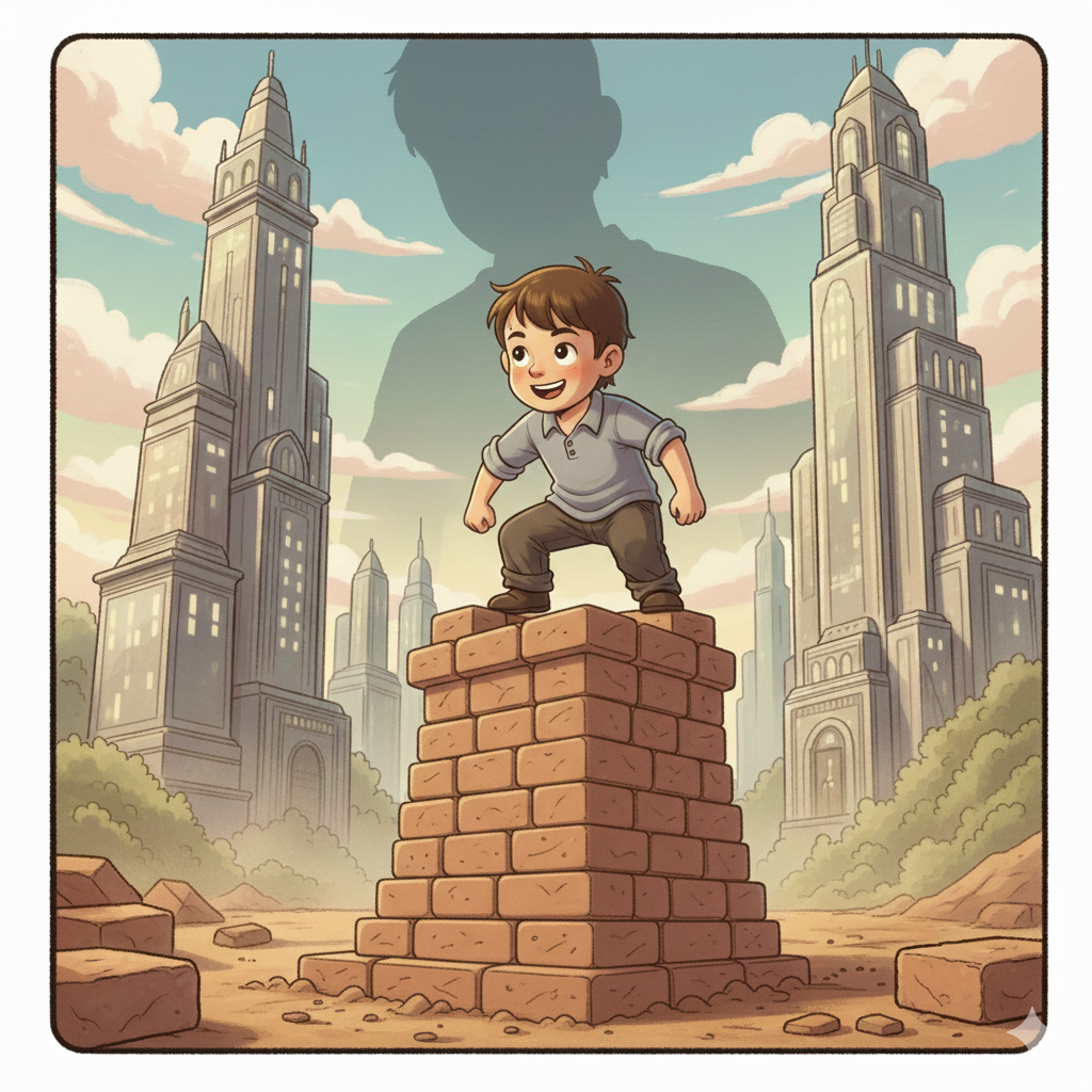 아이가 스스로 쌓은 기초 위에 서서 자신감 있게 도약하는 모습