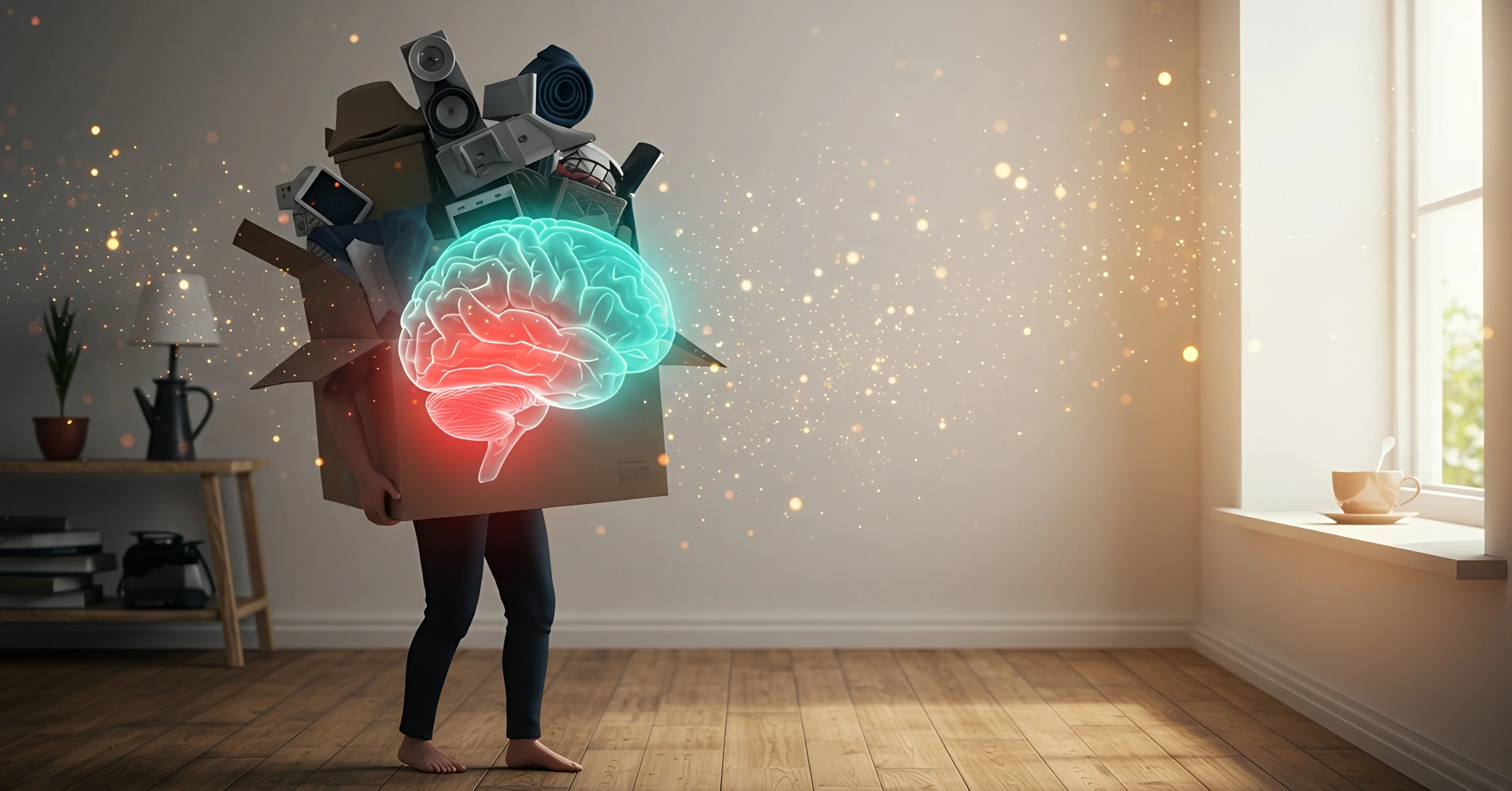 무거운 물건 상자를 짊어진 사람과 붉게 빛나는 뇌가 있는 방, 창가에 찻잔이 놓인 깔끔한 공간.