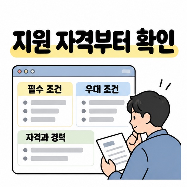 지원자가 채용 공고의 필수 조건과 우대 조건을 나눠 자신의 자격과 경력을 확인하는 이미지
