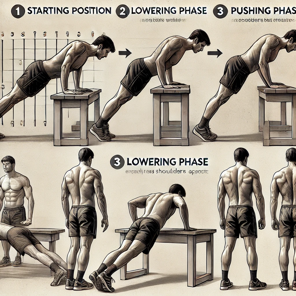 인클라인 푸쉬업 올바른 자세와 단계별 운동 방법을 설명하는 피트니스 가이드 이미지.