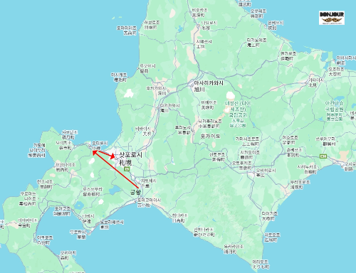 북해도 전체지도와 우리의 이동경로를 표기한 지도 이미지
