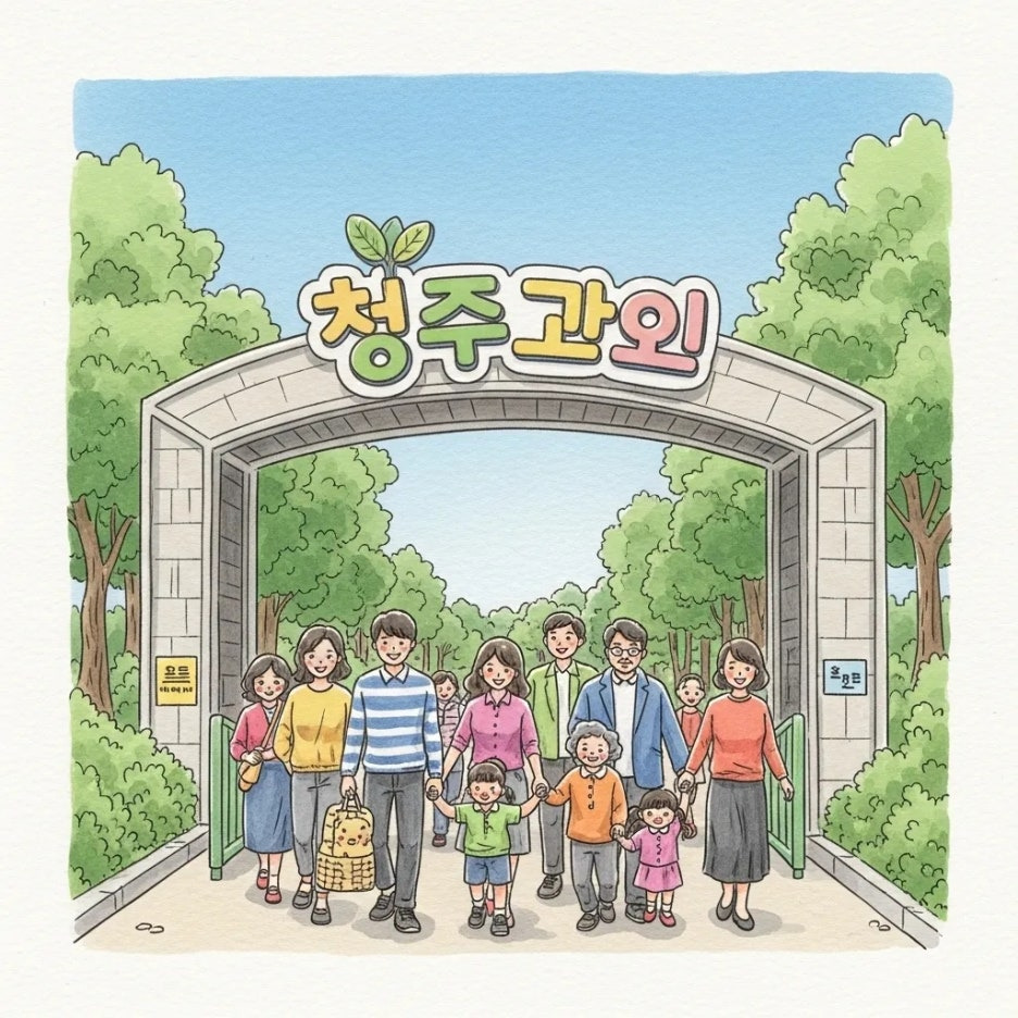 청주동물원 입구를 통해 가족들이 즐겁게 들어서는 모습.