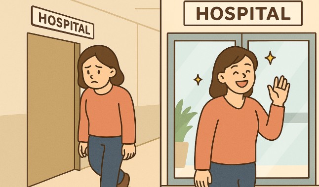 검사전 우울한 모습과 검사후 환한 표정으로 병원을 나오는 이미지