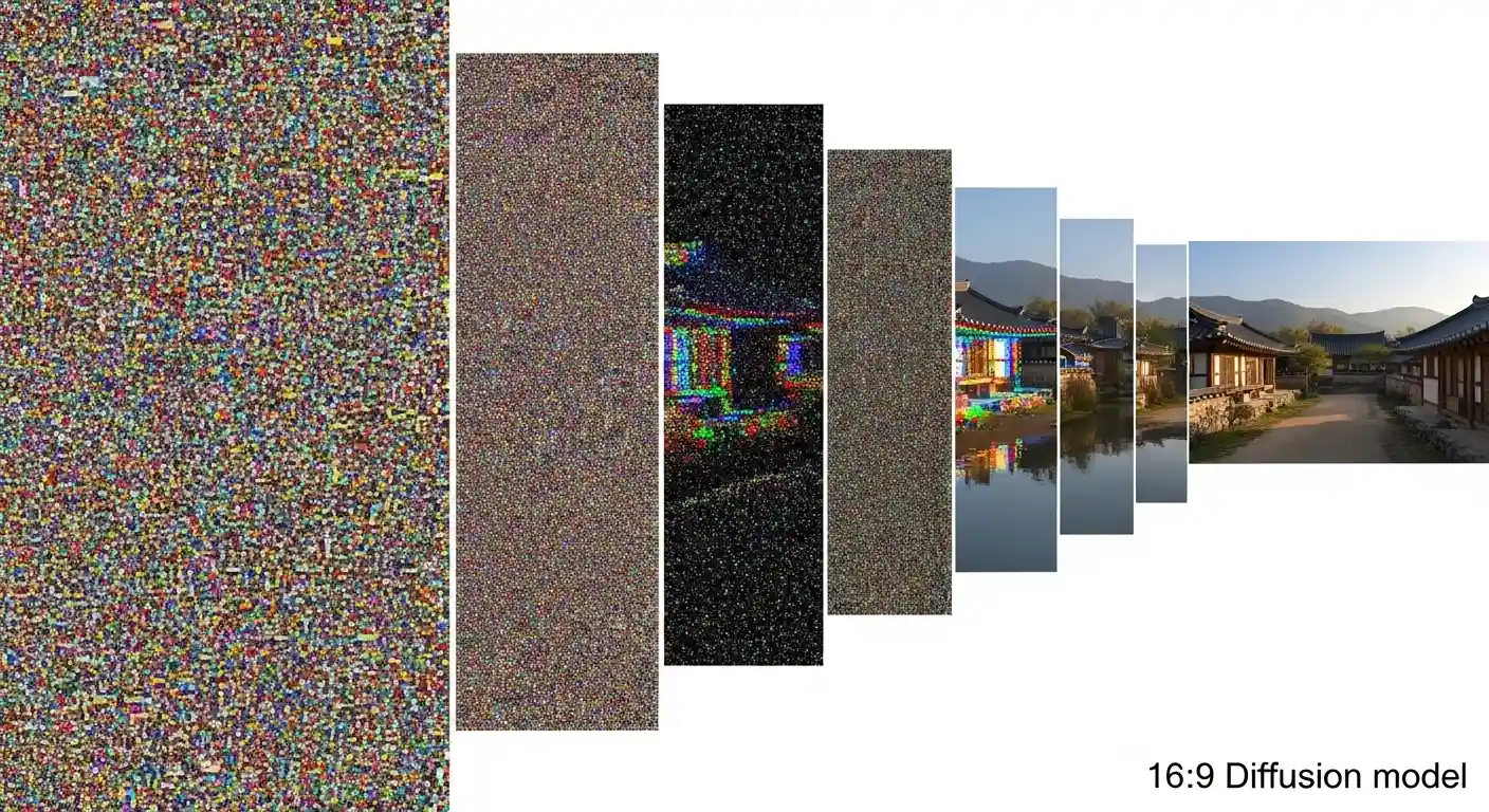 <img src="diffusion_noise_to_image.webp" alt="확산 모델이 무작위 잡음에서 점차 형태를 갖춘 이미지로 변화하는 과정을 시각적으로 표현한 이미지입니다">