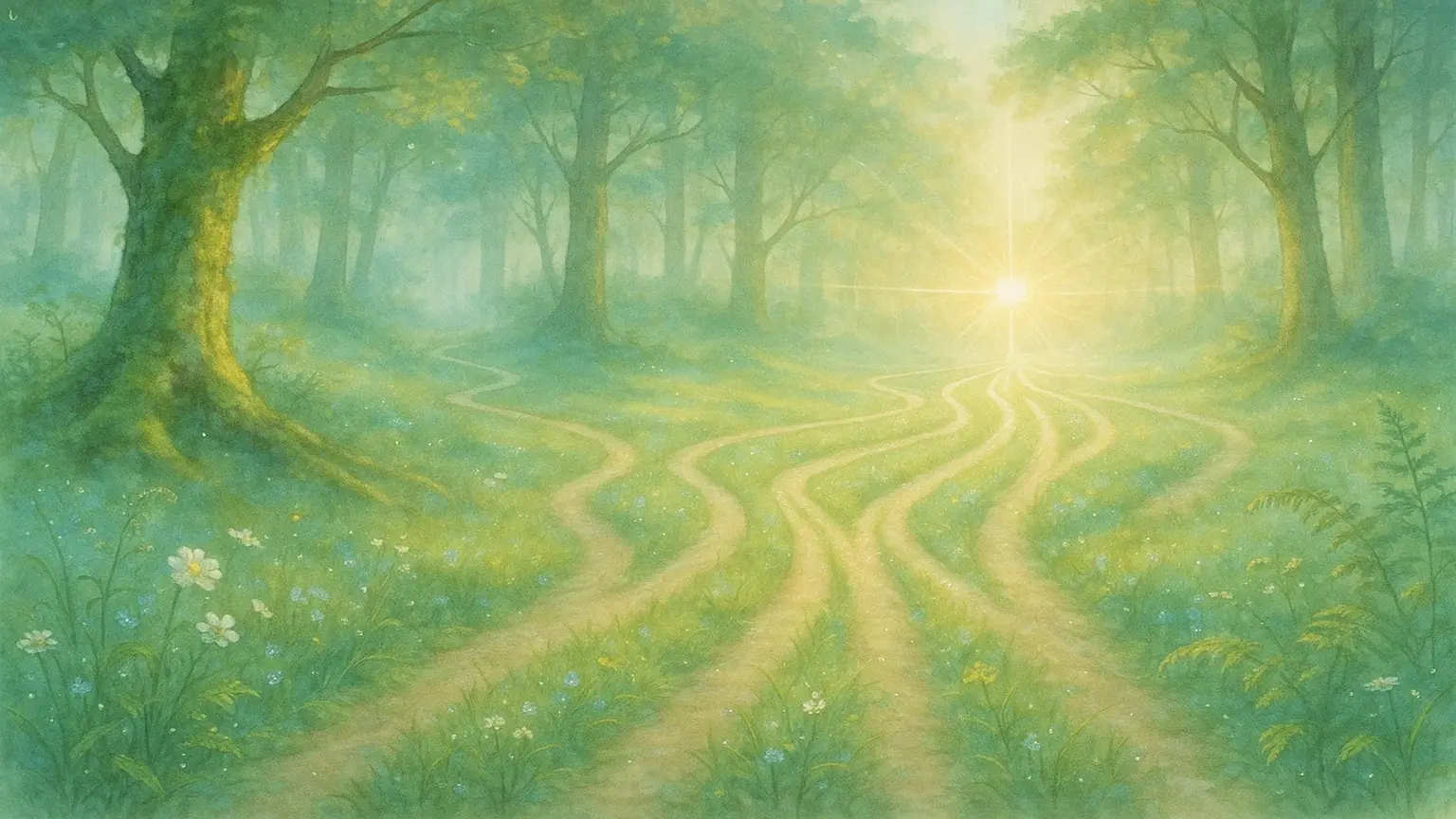 고요한 숲 속으로 난 8개의 갈래길이 하나의 지점으로 모이는 듯한 평화롭고 상징적인 이미지