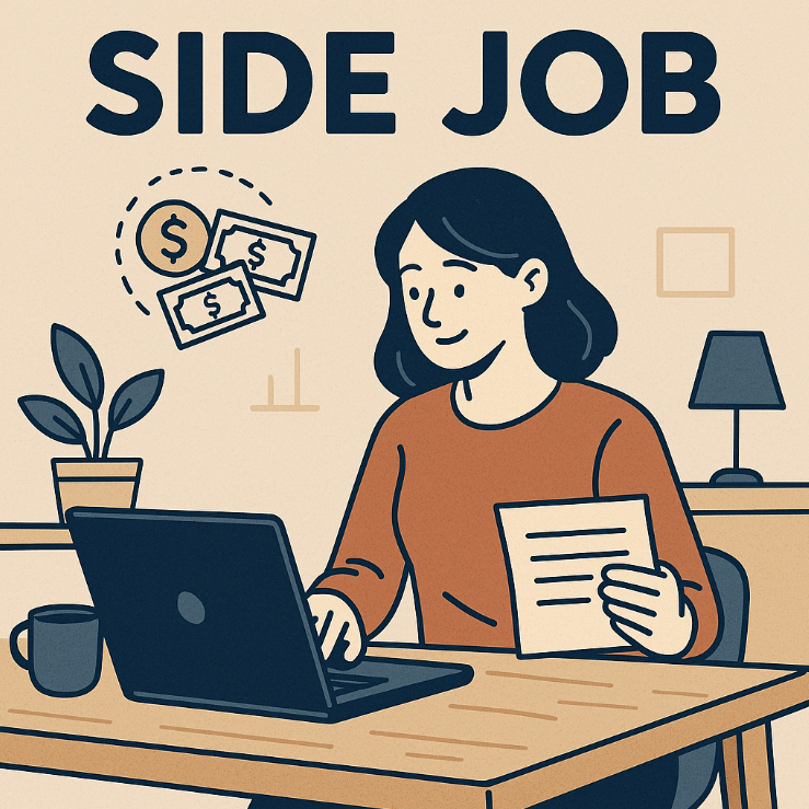 이미지는 사이드잡을 하고 있는 여성을 이미지로 만든 것입니다. 한 여성이 노트북을 보면서 일을 하고 있습니다.