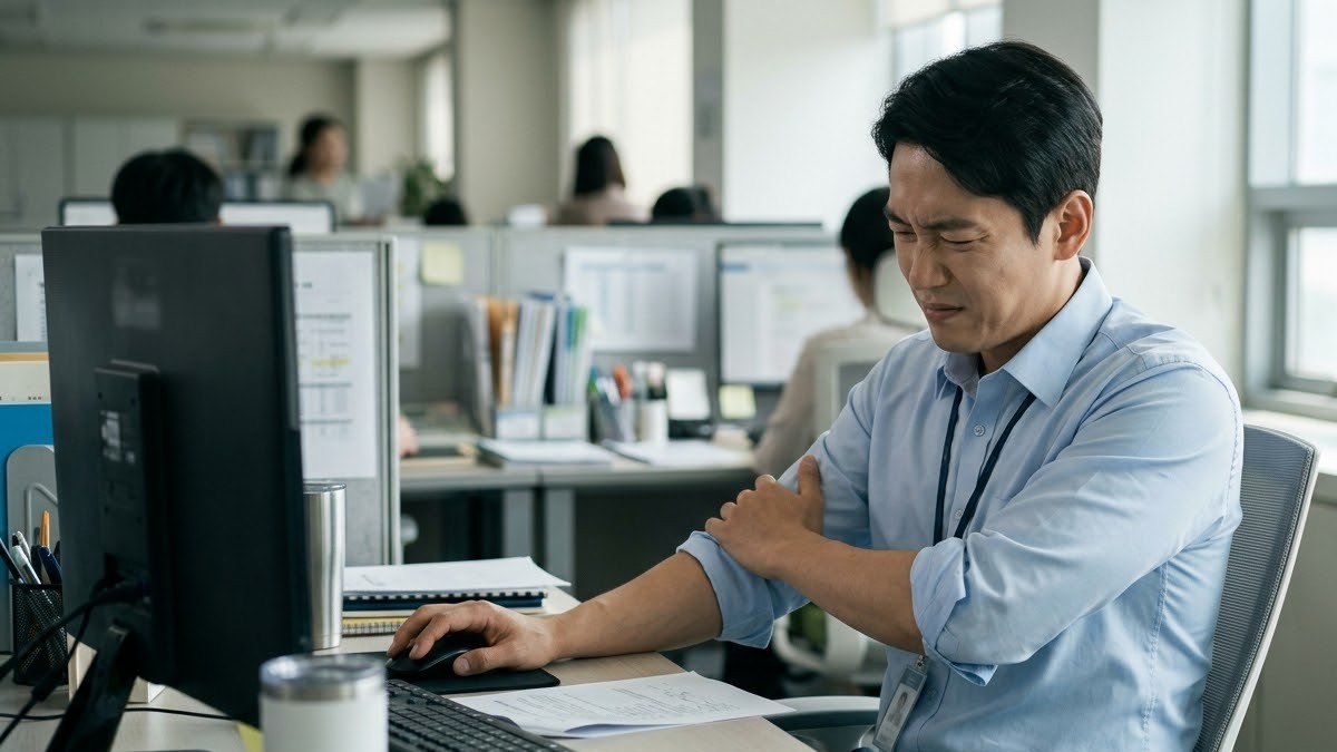 마우스를 쓰다 반대 손으로 팔꿈치 바깥쪽을 짚는 30대 남성 직장인