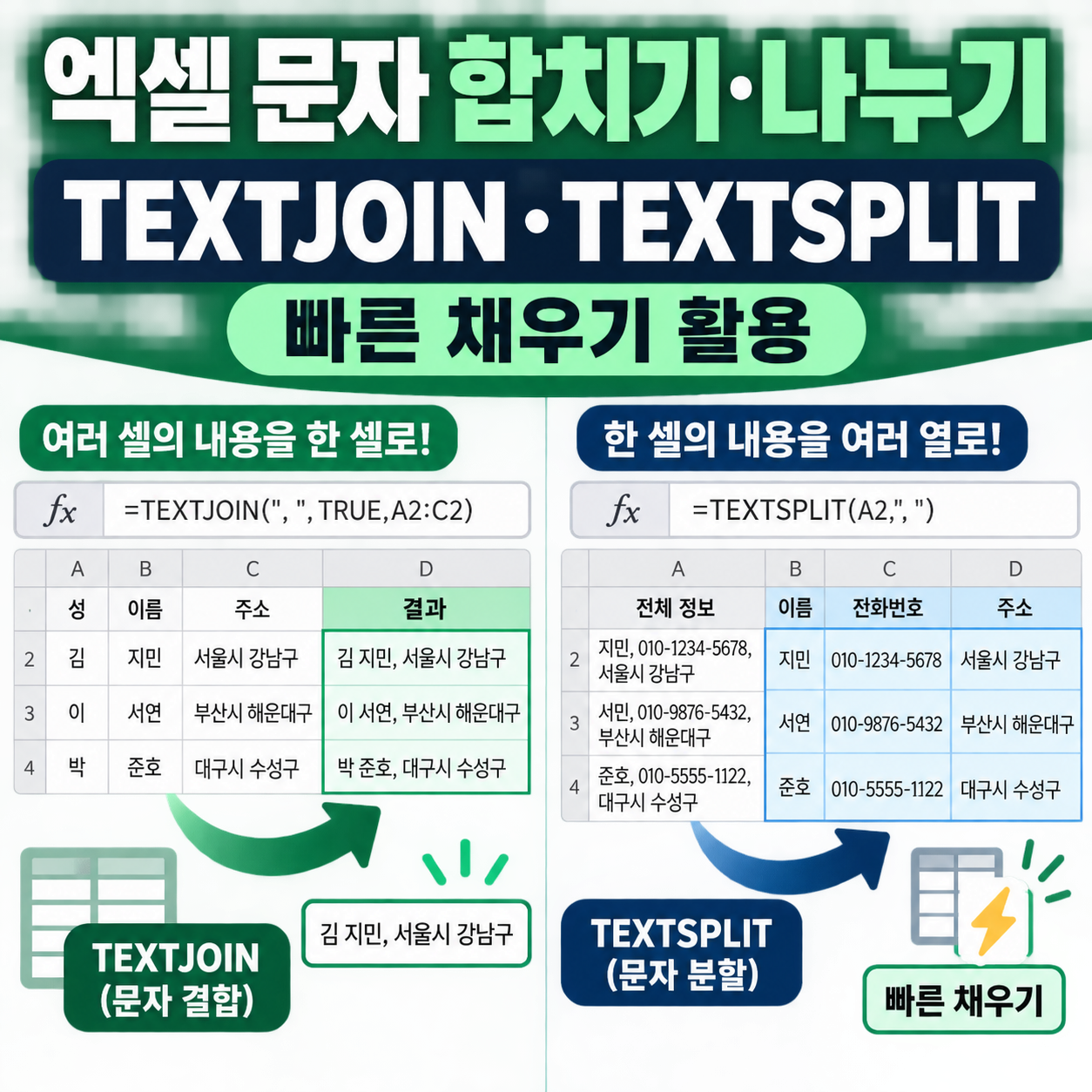 엑셀 여러 셀 문자 합치기와 나누기 - TEXTJOIN&middot;TEXTSPLIT&middot;빠른 채우기