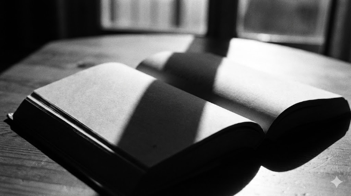 책을 펼쳐 둔 채, 창문 틈으로 들어온 빛 때문에 두 개의 그림자가 페이지 위에서 하나로 겹쳐지는 연출 샷.