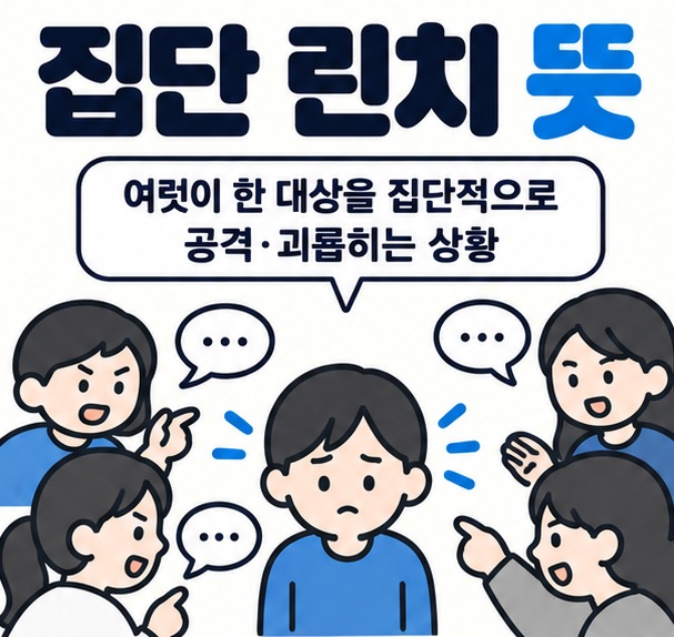 여러 사람과 한 사람 사이의 긴장된 말풍선 아이콘을 중심으로 집단 린치 뜻 문구를 보여주는 대표 카드뉴스 이미지