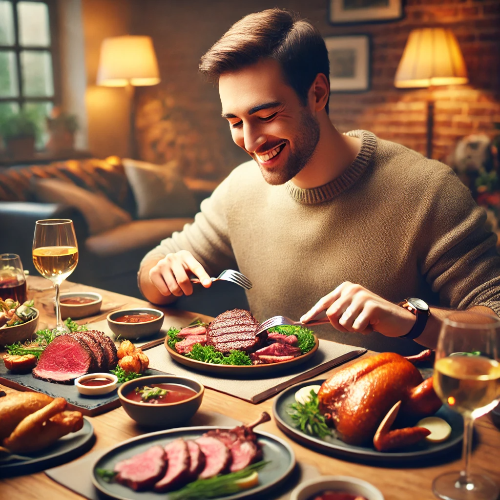 육류 요리를 즐기고 있는 사람
