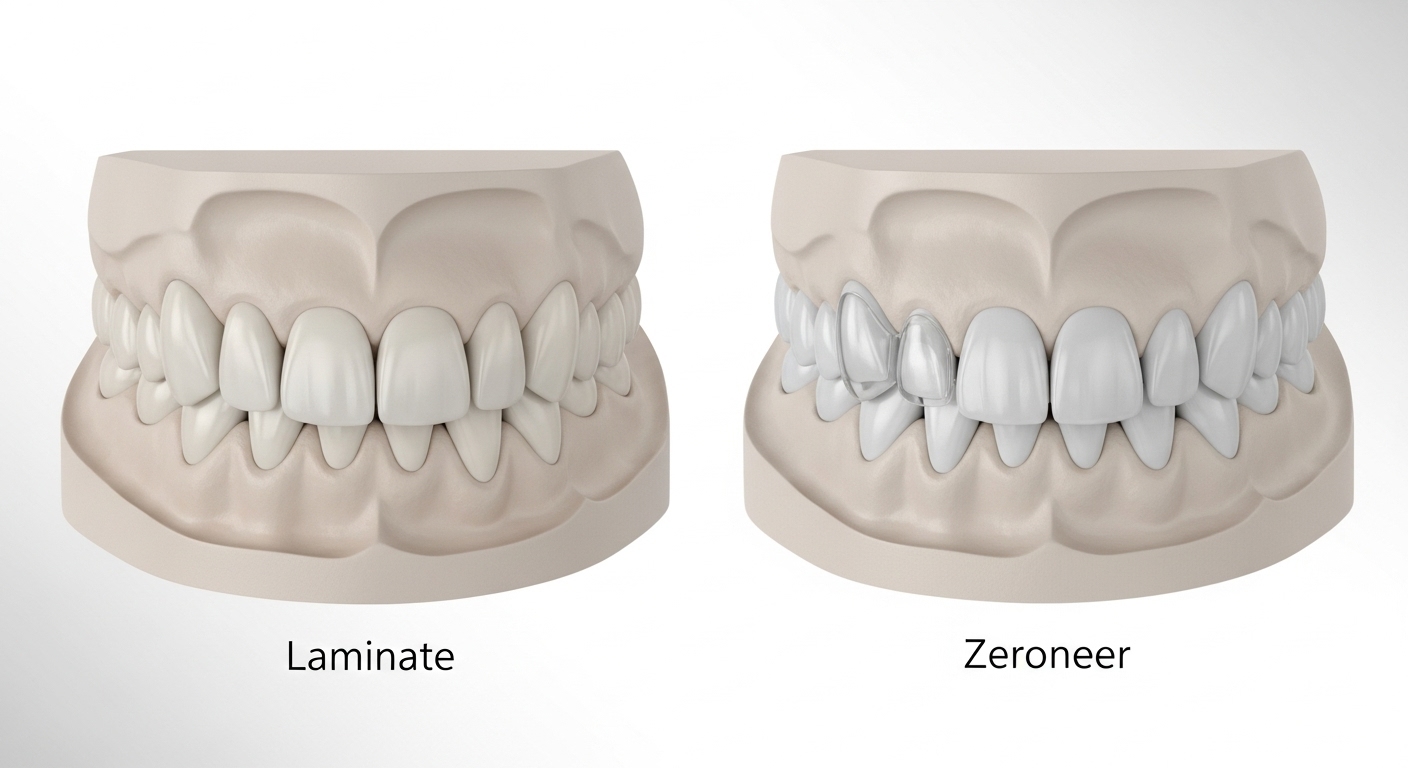 라미네이트와 제로네이트 보철물의 두께와 투명도를 비교하는 3D 치아 모델. 라미네이트는 두껍고, 제로네이트는 얇고 투명합니다.