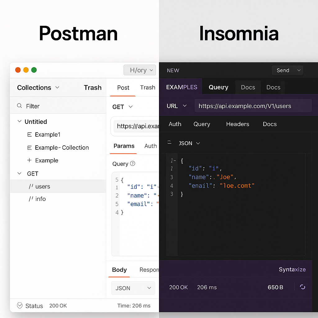 Postman과 Insomnia 사용자 인터페이스 비교 스크린샷