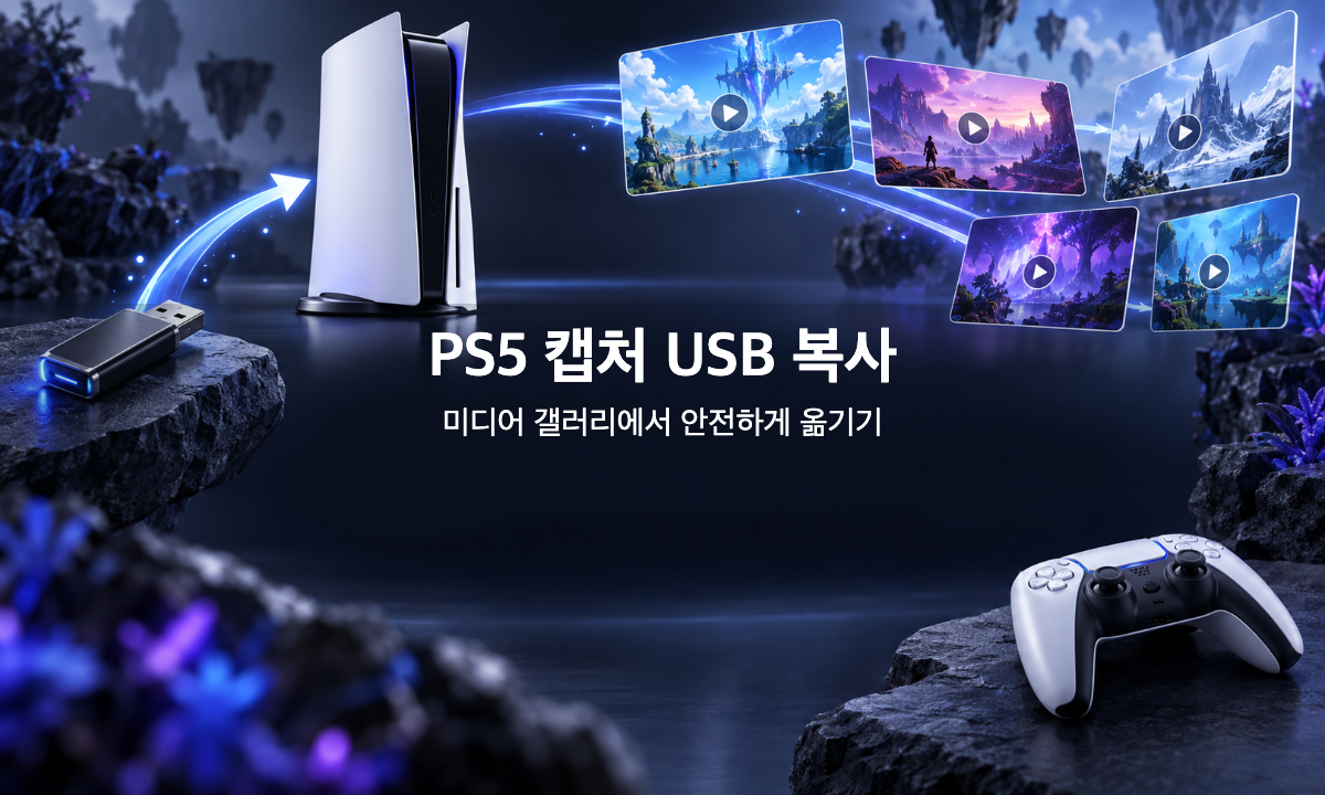 게임 콘솔과 USB 드라이브, 스크린샷 카드의 이동을 표현한 PS5 캡처 복사 안내 삽화