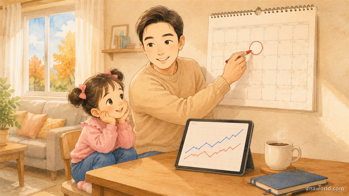 달력에 연휴 전 마지막 거래일을 표시하는 아빠와 아이