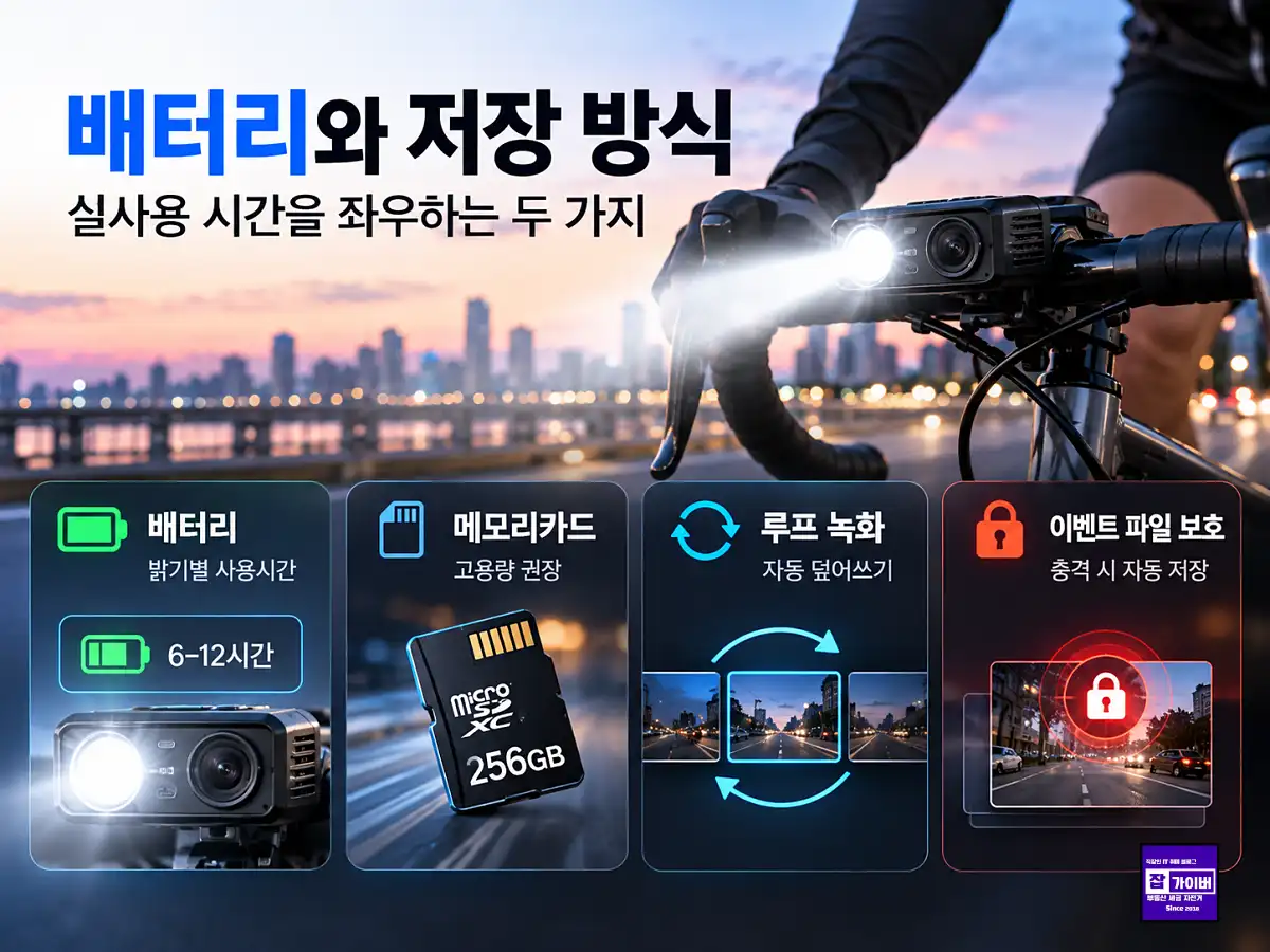 자전거 블랙박스 배터리 사용시간 메모리카드 루프녹화 사고파일 저장 방식