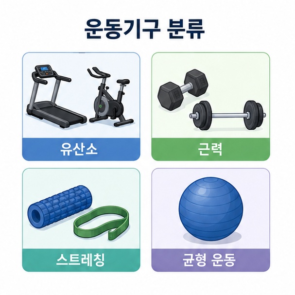 운동기구를 유산소와 근력, 스트레칭, 균형 운동용으로 나누어 각각의 대표 기구를 정리한 이미지