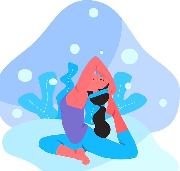 하늘색 요가 바지와 보라색 민소매를 입은 젊은 여자가 다리를 양손으로 들어올리는 요가 자세를 취하고 있다.