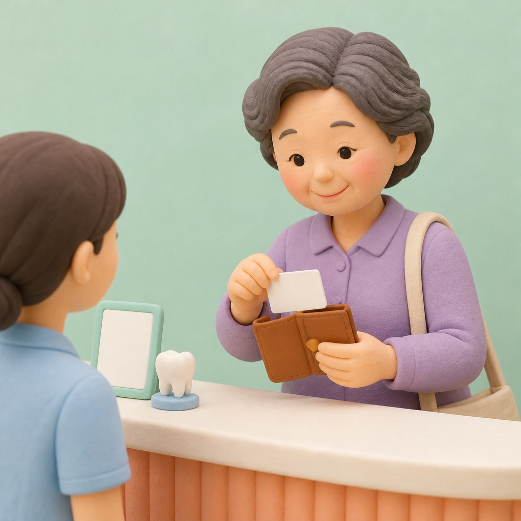 동네 치과 접수대 앞에서 신분증을 꺼내는 60대 여성