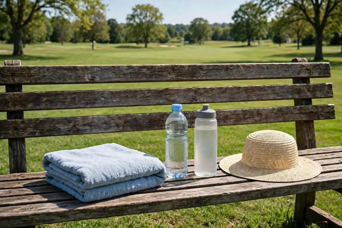 벤치 위 파크골프 휴식 용품