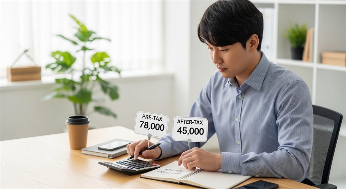 세전 배당금과 세후 실수령액 차이를 계산하는 한국인 직장인 모습